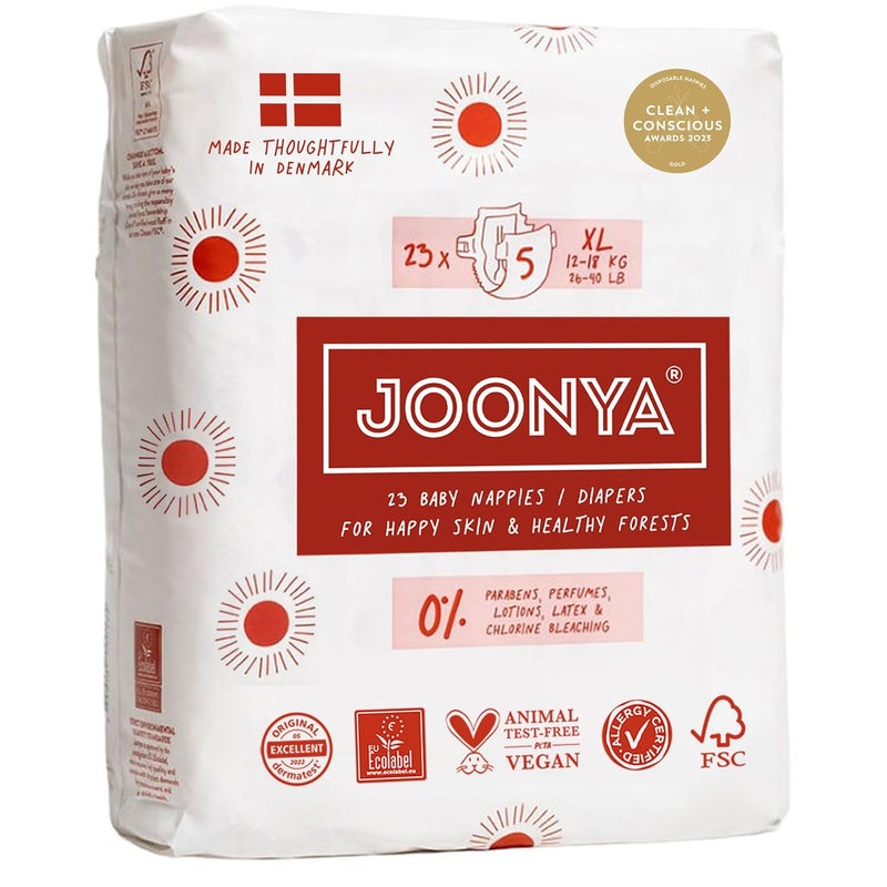 JOONYA Baby Diapers, Size 5 XL (26-40 lb) - 1 Bag of 23 - New Range - NonToxic, Eco-Friendly, Ultra Slim, Overnight Use - Made in Denmark - Image 1
